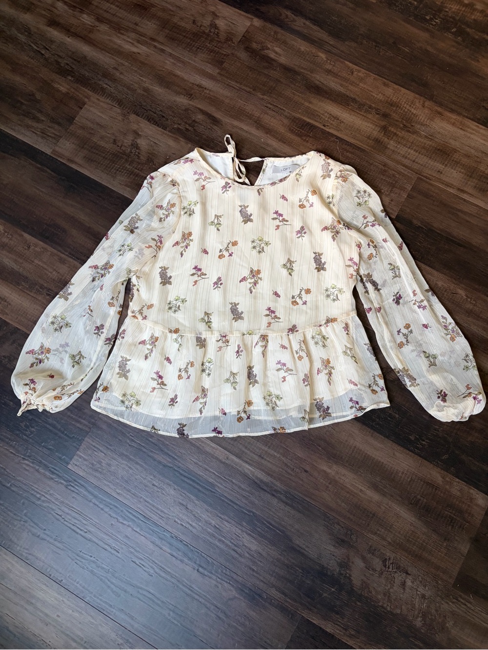 Whimsical LOFT Womens small Cream Floral Peplum Blouse - Lightweight Long Sleeve